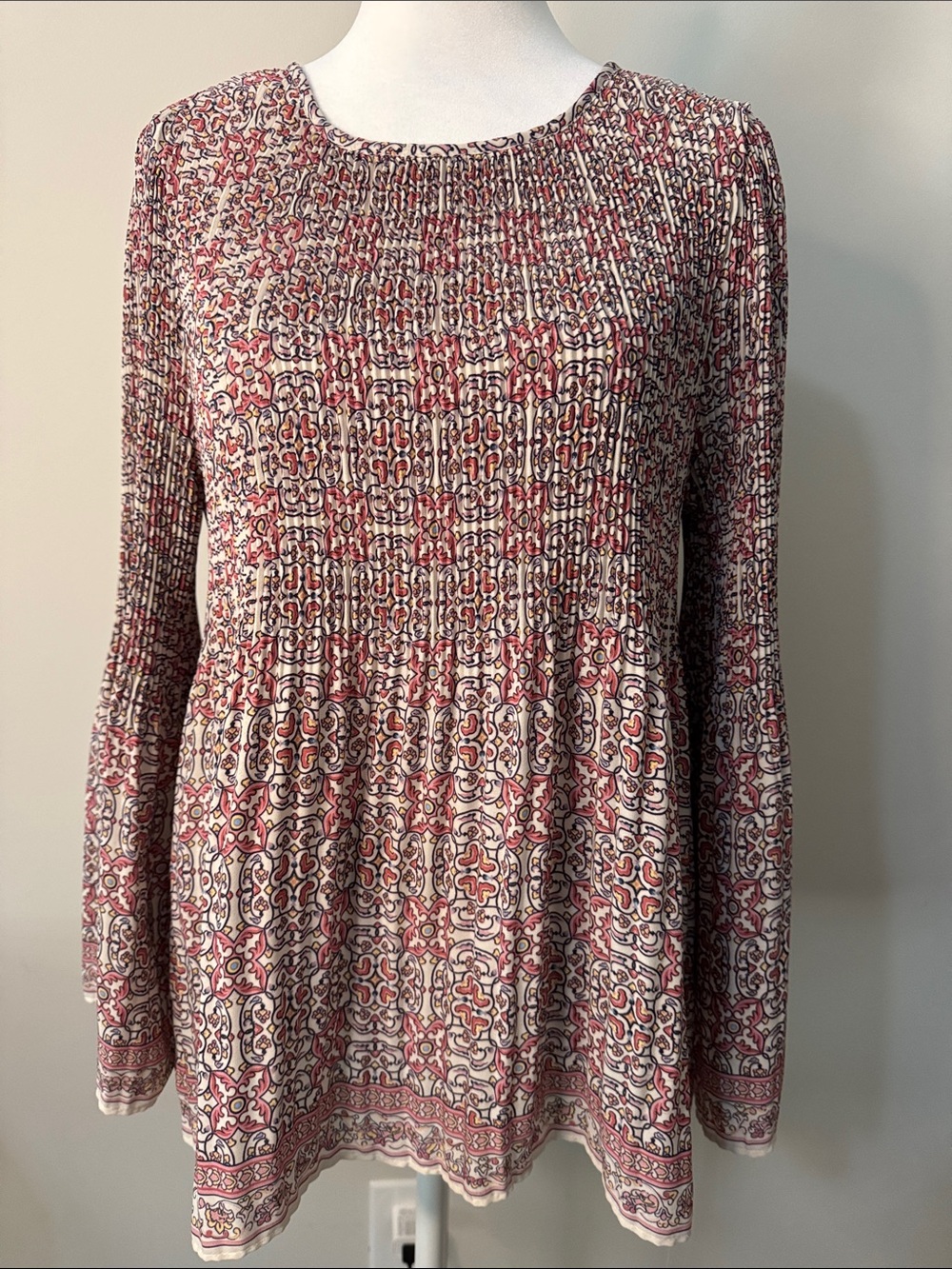 Max Studio Ivory and Burgundy Printed Smocked Peasant Tunic